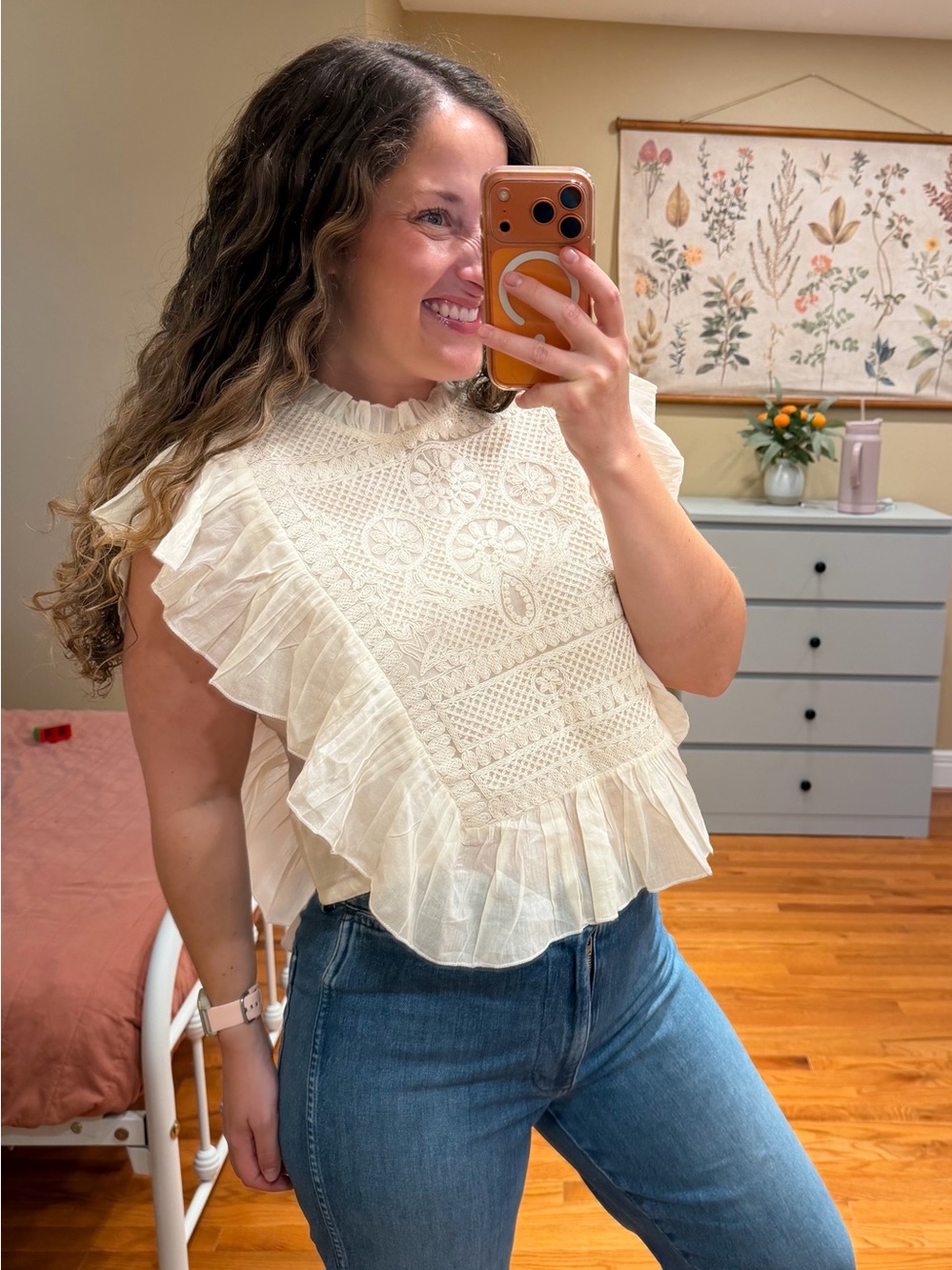 Anthropologie Joie Ivory Ruffle Crochet Lace Women's Top Medium